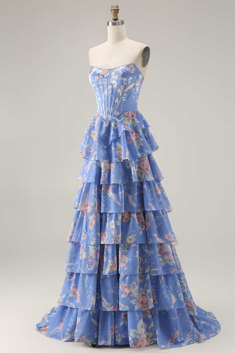 Sparkly Blue Corset Tiered Ball Gown Long Floral Prom Dress with Slit