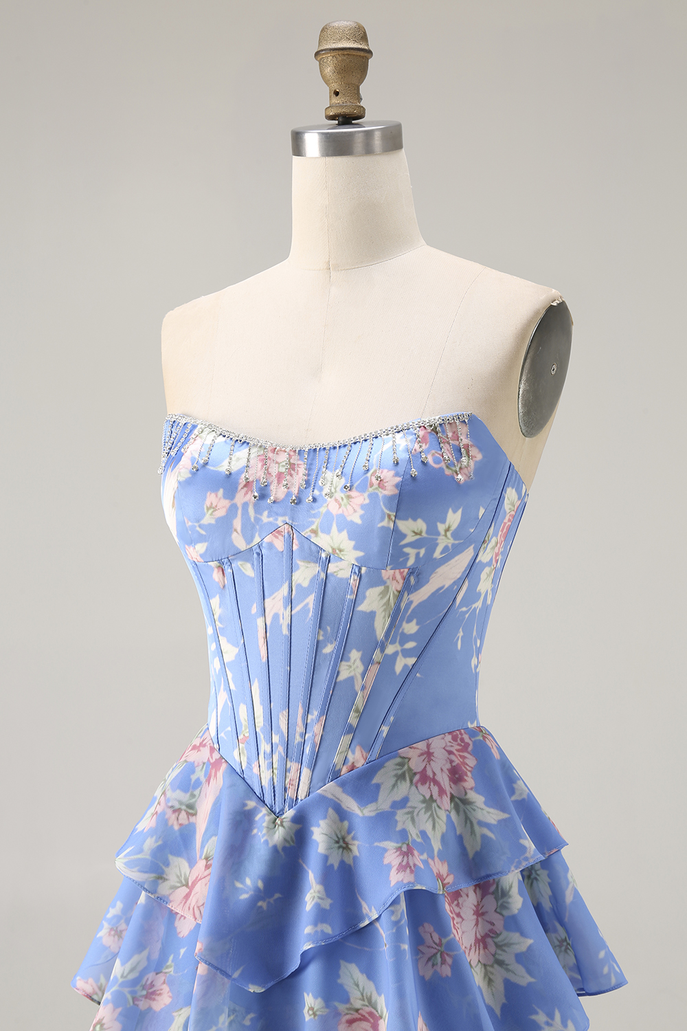 Sparkly Blue Corset Tiered Ball Gown Long Floral Prom Dress with Slit