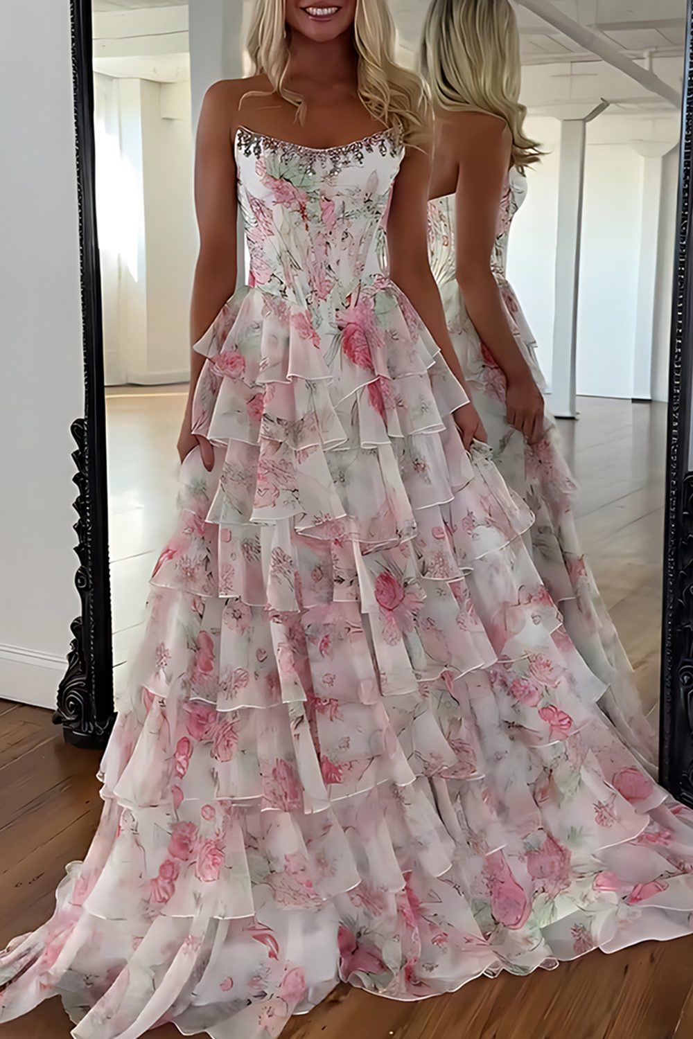 Sparkly Blue Floral Corset Ruffled Long Prom Dress with Slit