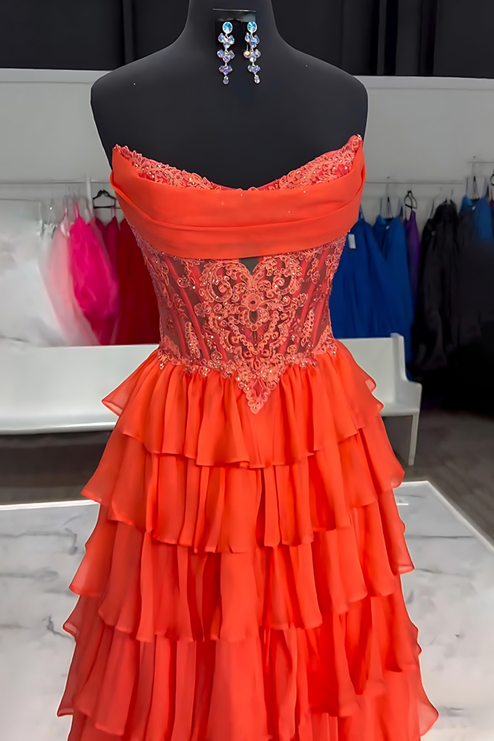 Sparkly Orange A Line Beaded Strapless Long Corset Prom Dress with Ruffles