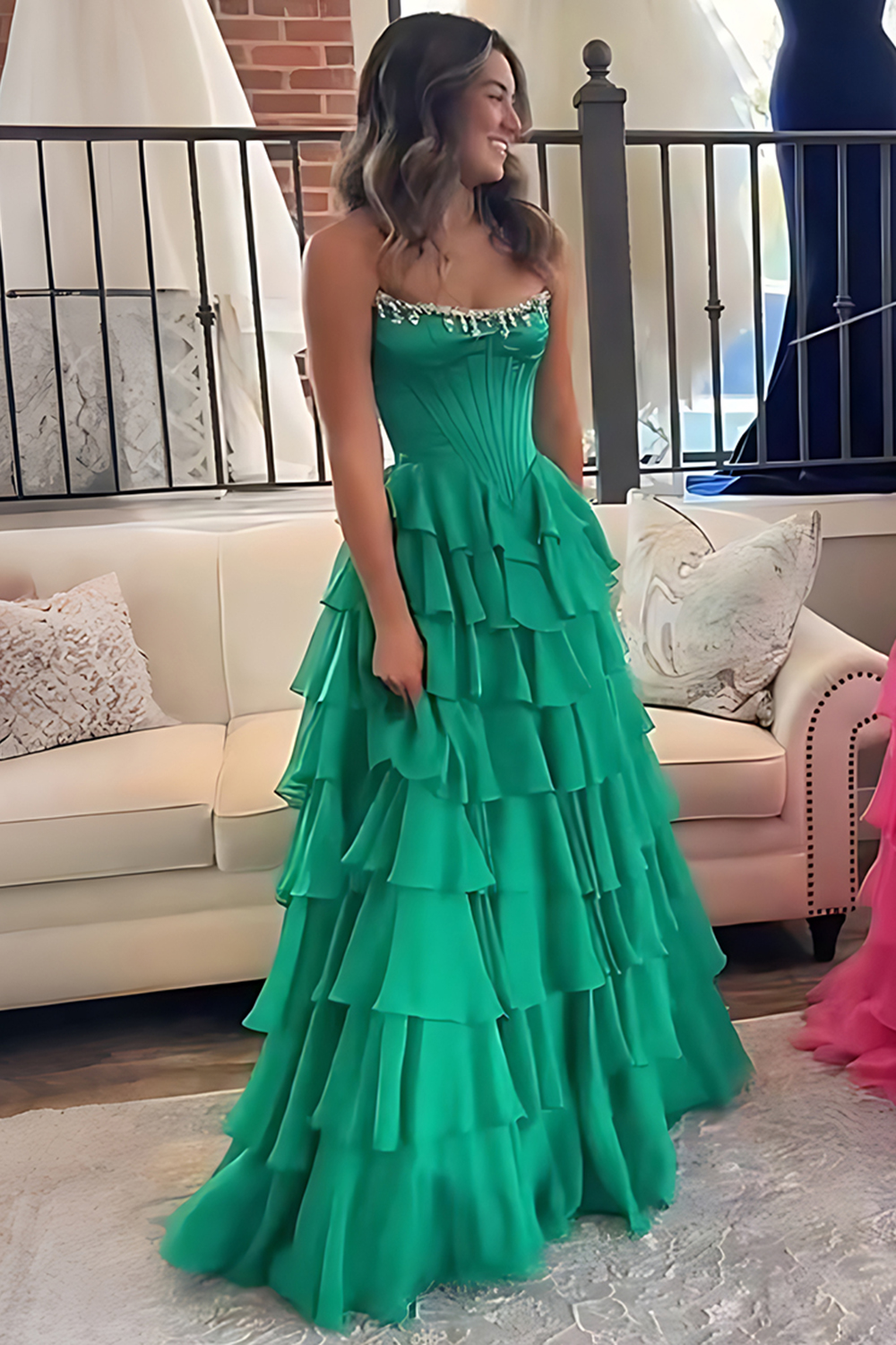 Sparkly Fuchsia Corset Strapless Ruffled Long Prom Dress with Beading