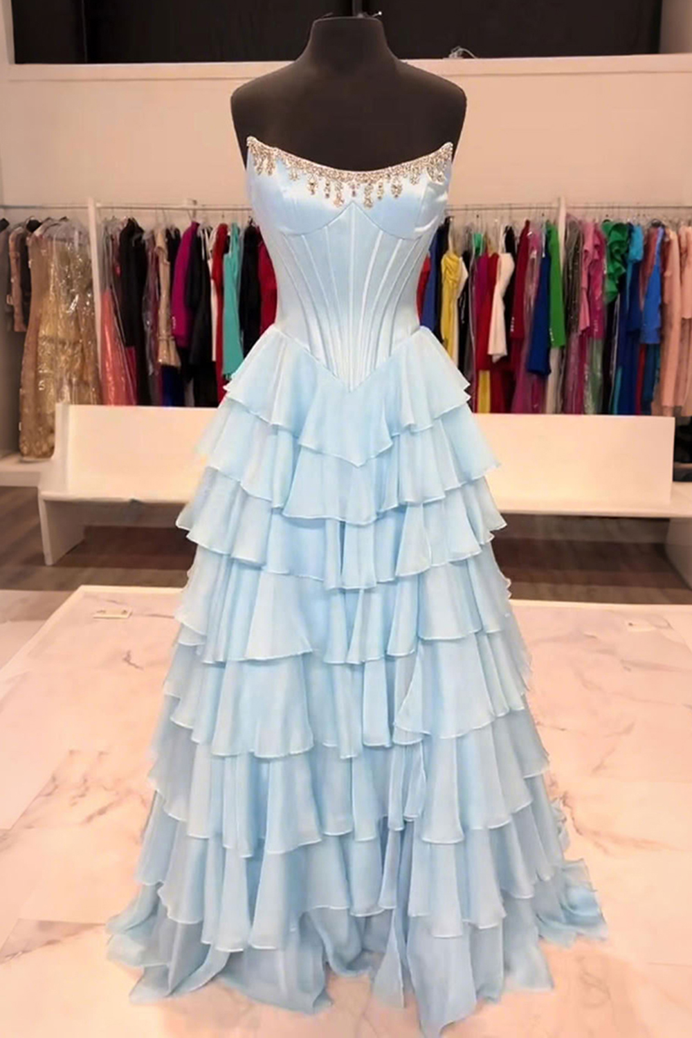 Sparkly Fuchsia Corset Strapless Ruffled Long Prom Dress with Beading