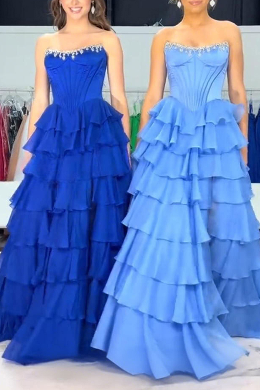 Sparkly Fuchsia Corset Strapless Ruffled Long Prom Dress with Beading