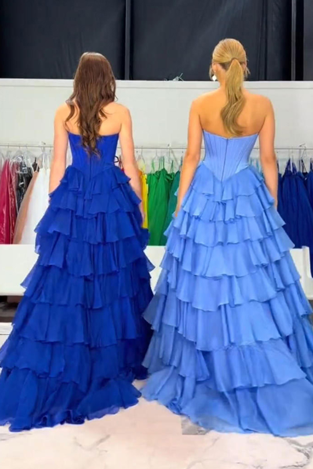 Sparkly Fuchsia Corset Strapless Ruffled Long Prom Dress with Beading