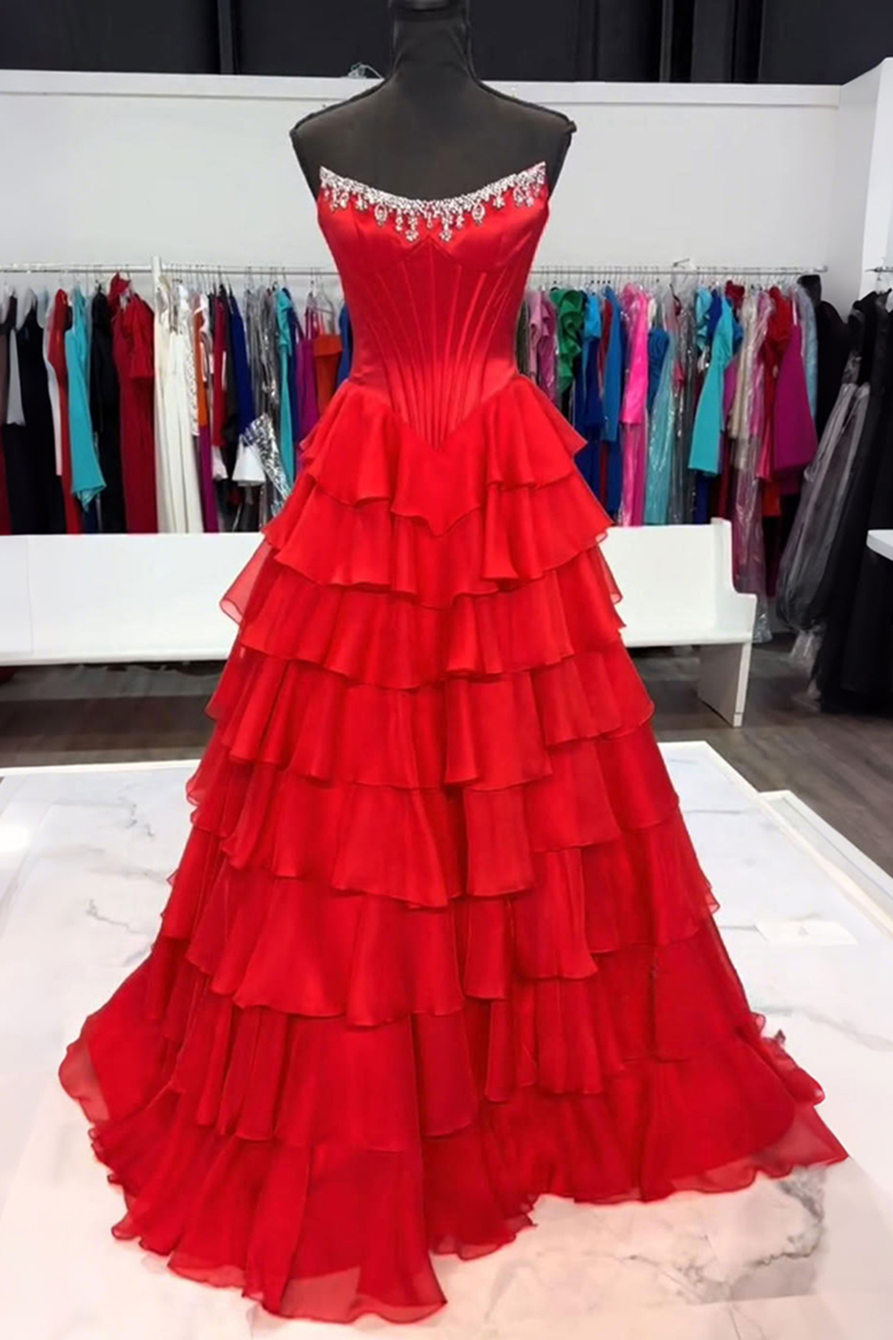 Sparkly Fuchsia Corset Strapless Ruffled Long Prom Dress with Beading