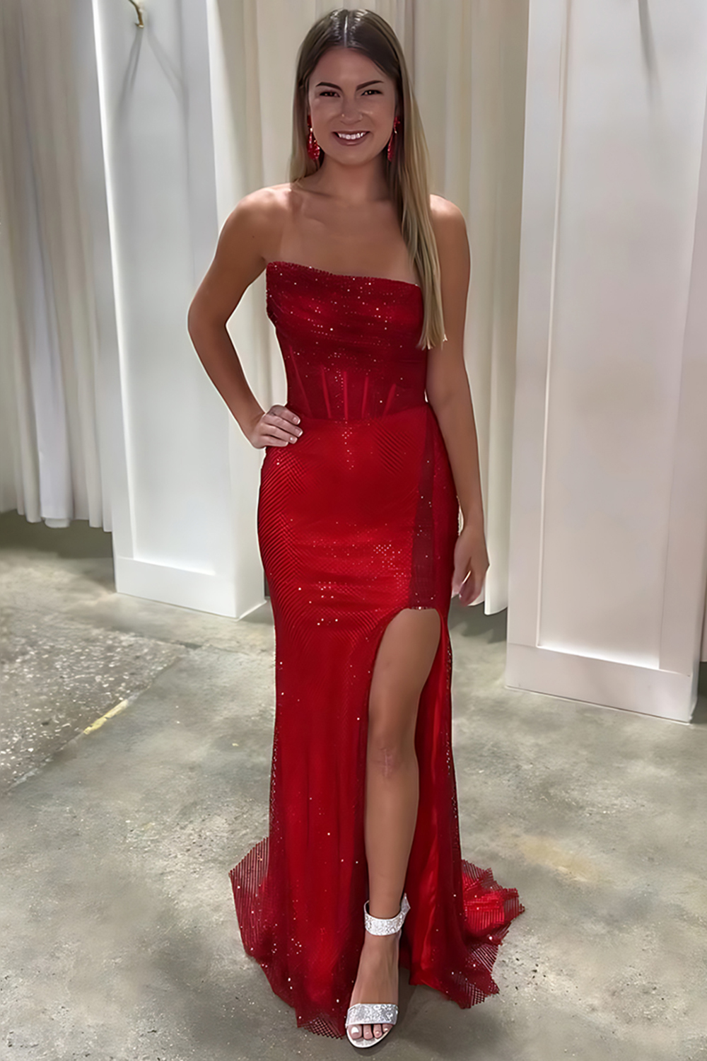 Sparkly Red Mermaid Strapless Corset Beaded Long Prom Dress with Slit