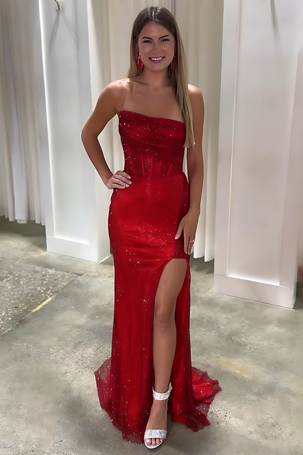 Sparkly Red Mermaid Strapless Corset Beaded Long Prom Dress with Slit