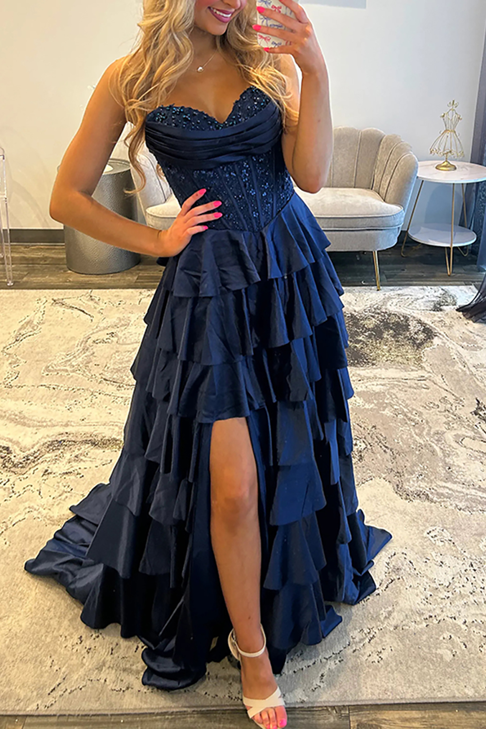 Sparkly Navy Satin A Line Sweetheart Corset Long Prom Dress with Beading
