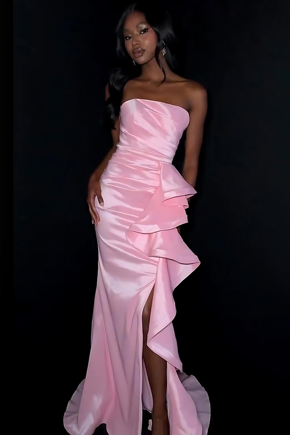 Pink Satin Strapless Mermaid Long Prom Dress with Ruffles