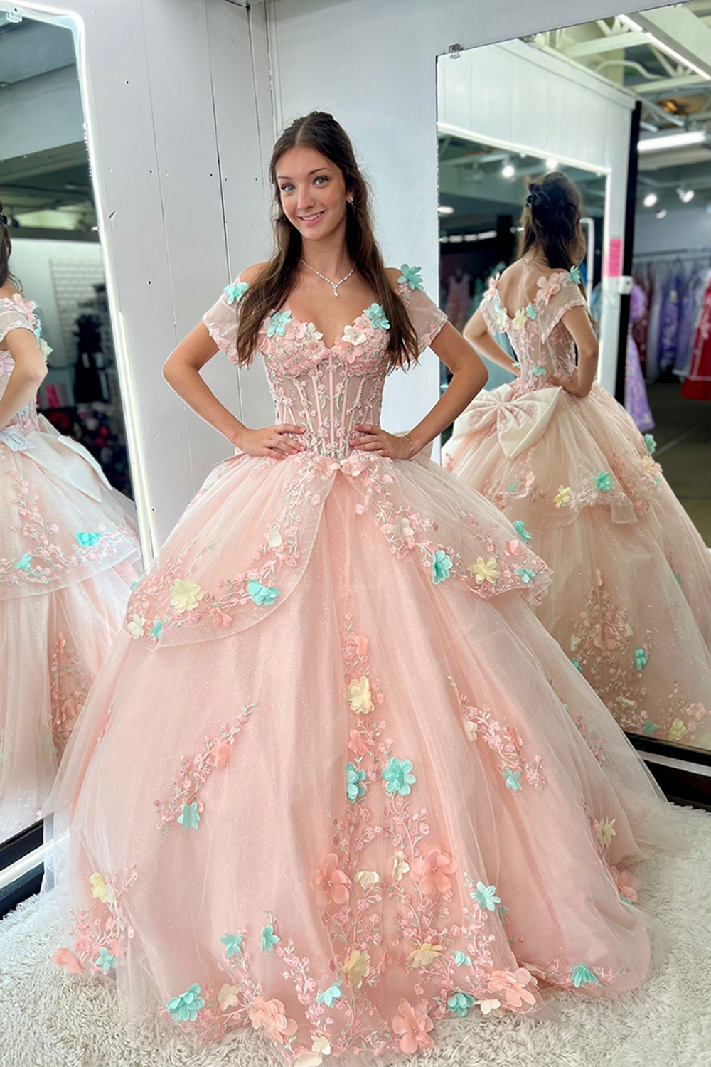 Pink Off the Shoulder Appliqued  Tulle Princess Sweep Train Quinceanera Dress with Bow