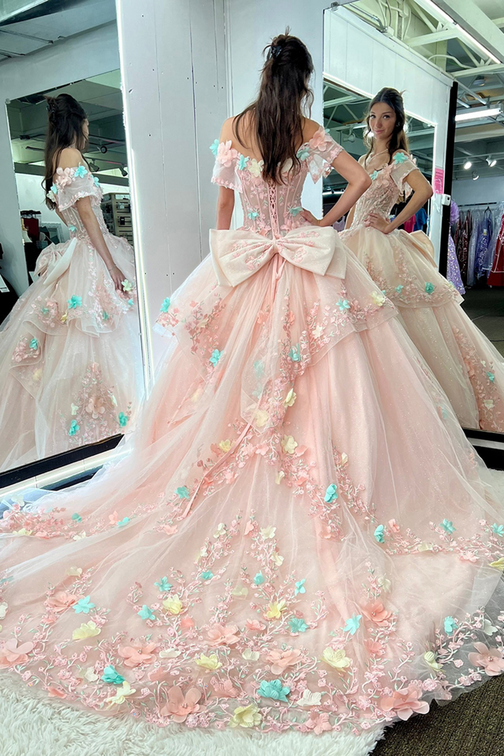 Pink Off the Shoulder Appliqued  Tulle Princess Sweep Train Quinceanera Dress with Bow