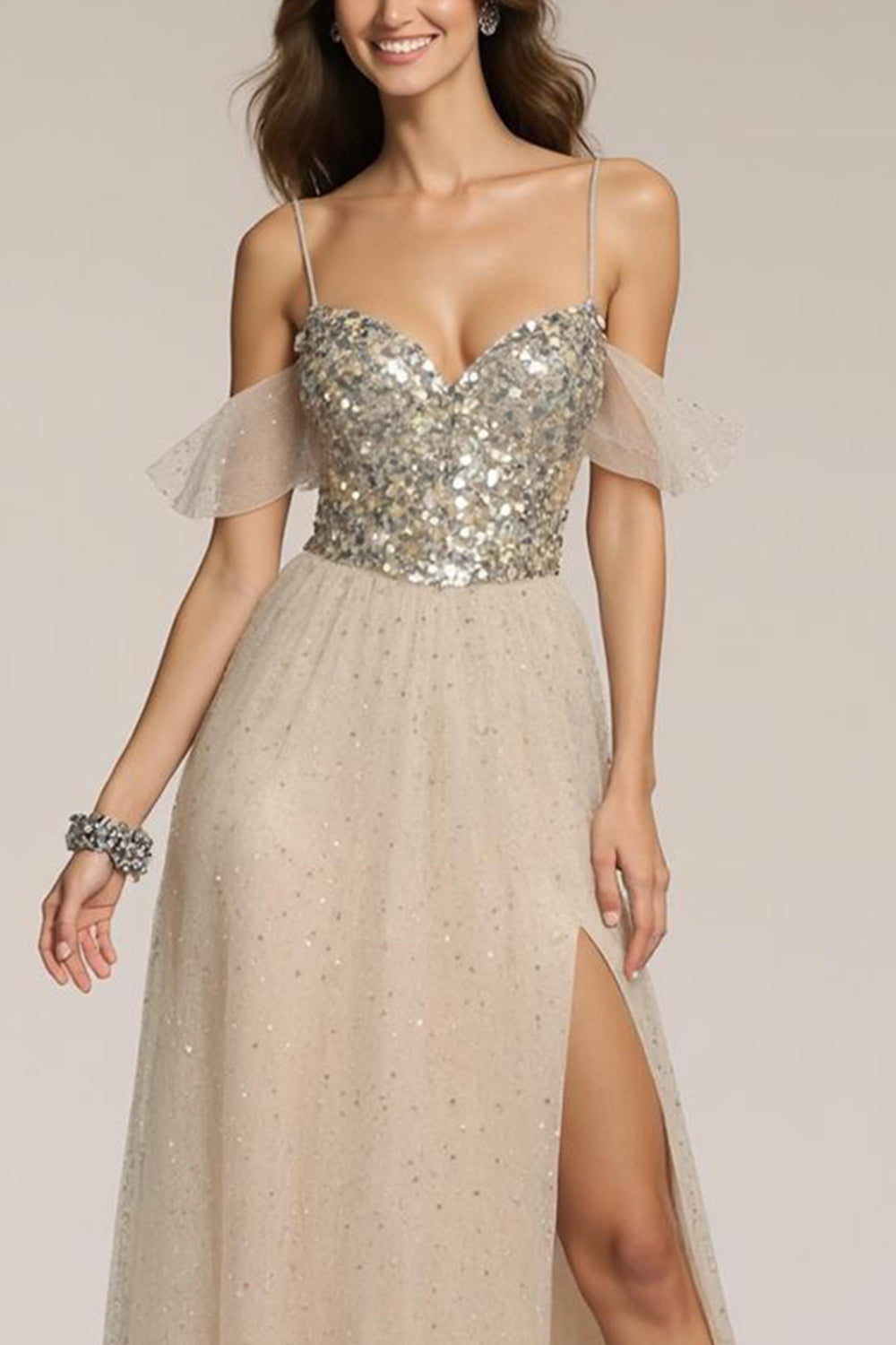 Sparkly Champagne Sequin Spaghetti Straps A-Line Long Formal Dress with Slit