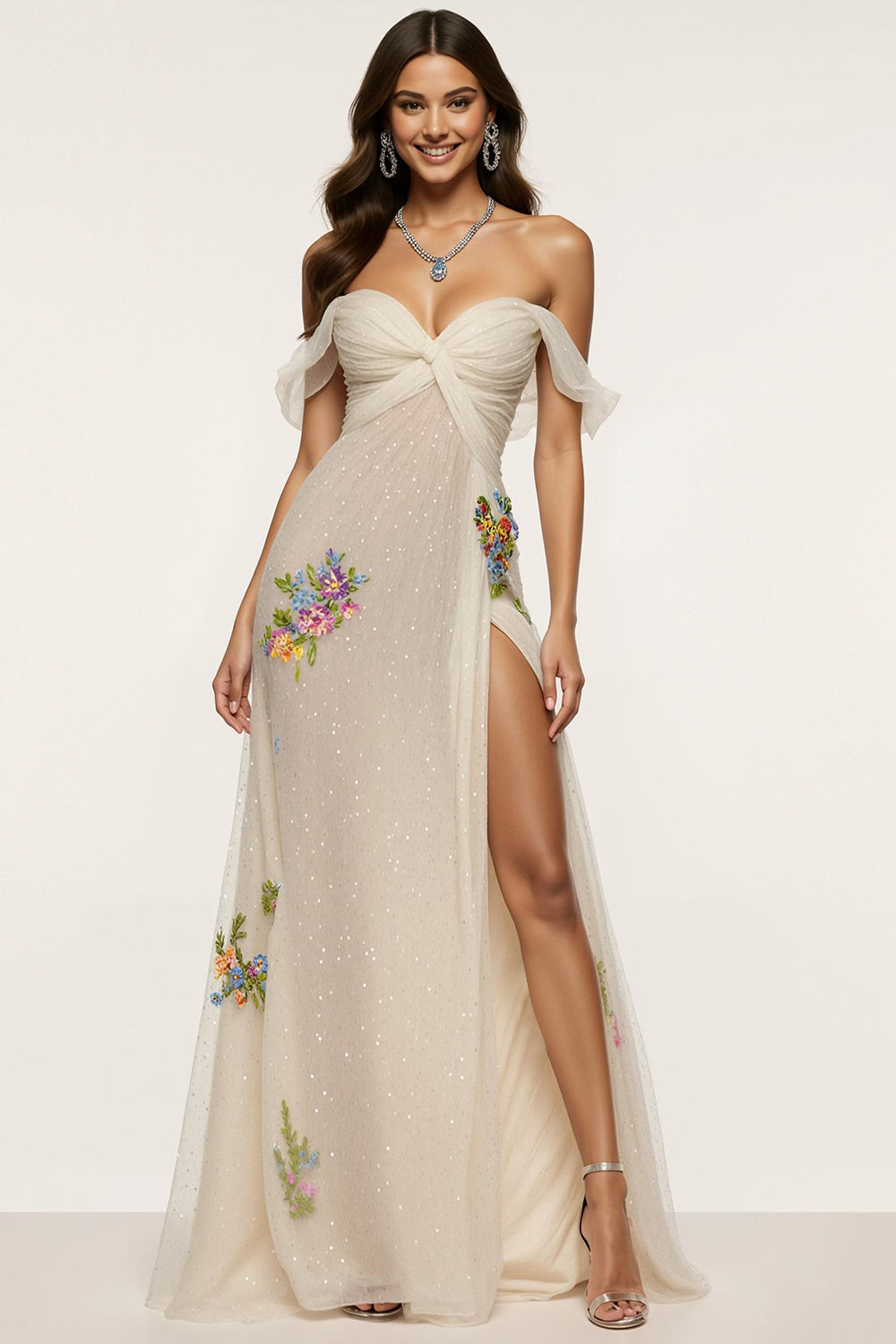 Sparkly Ivory Mermaid Off the Shoulder Long Floral Formal Dress with Slit