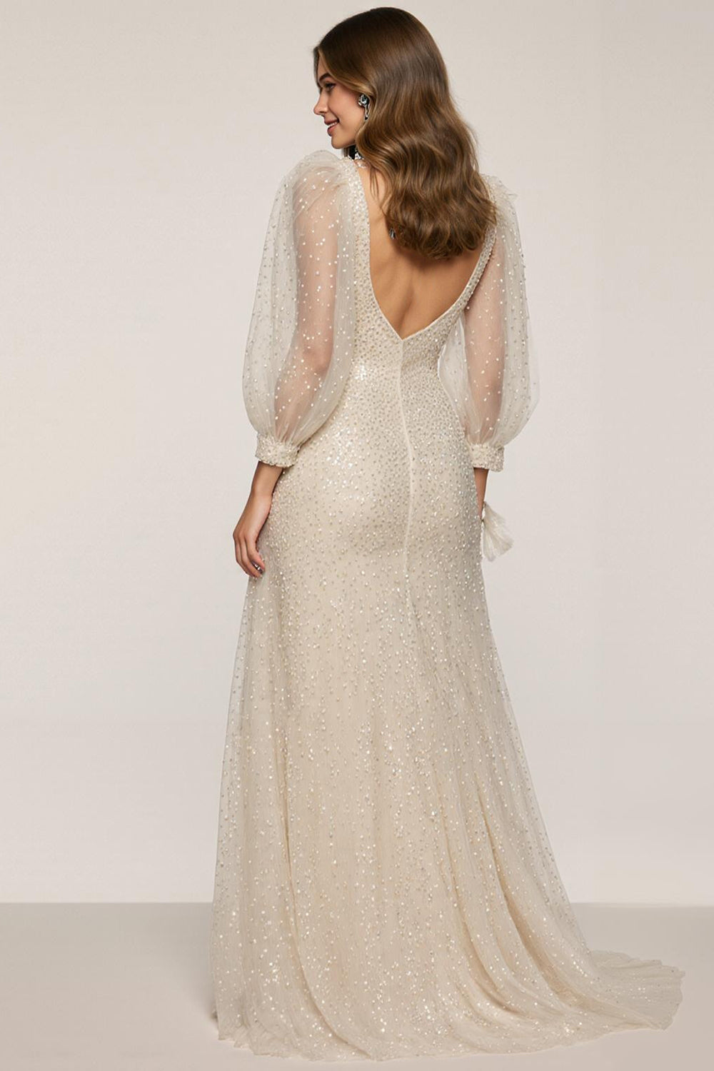 Sparkly Ivory Sequin Mermaid V-Neck Long Sleeves Formal Dress with Slit