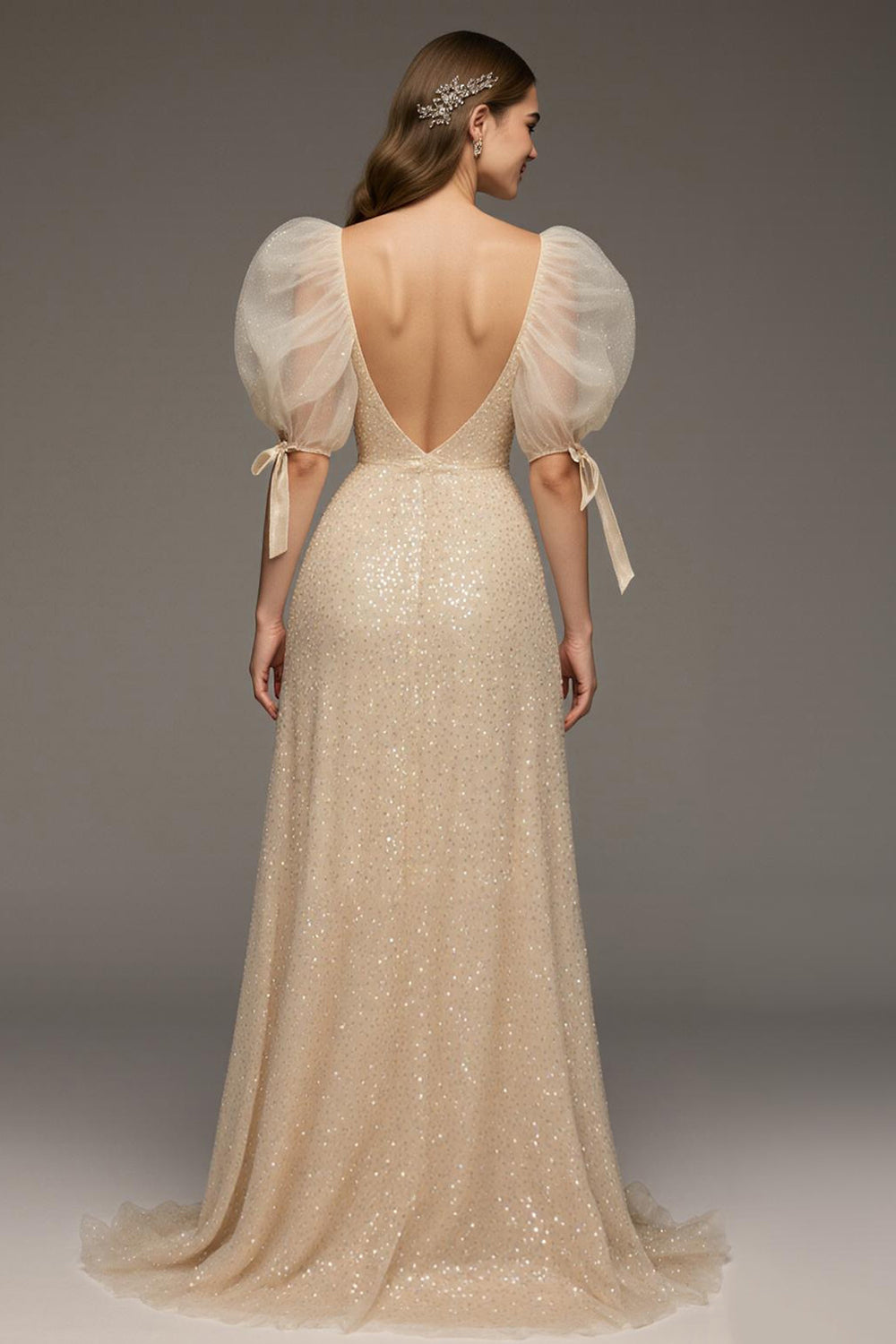 Sparkly Champagne Backless Puff Sleeves Long Sequin Formal Dress with Slit