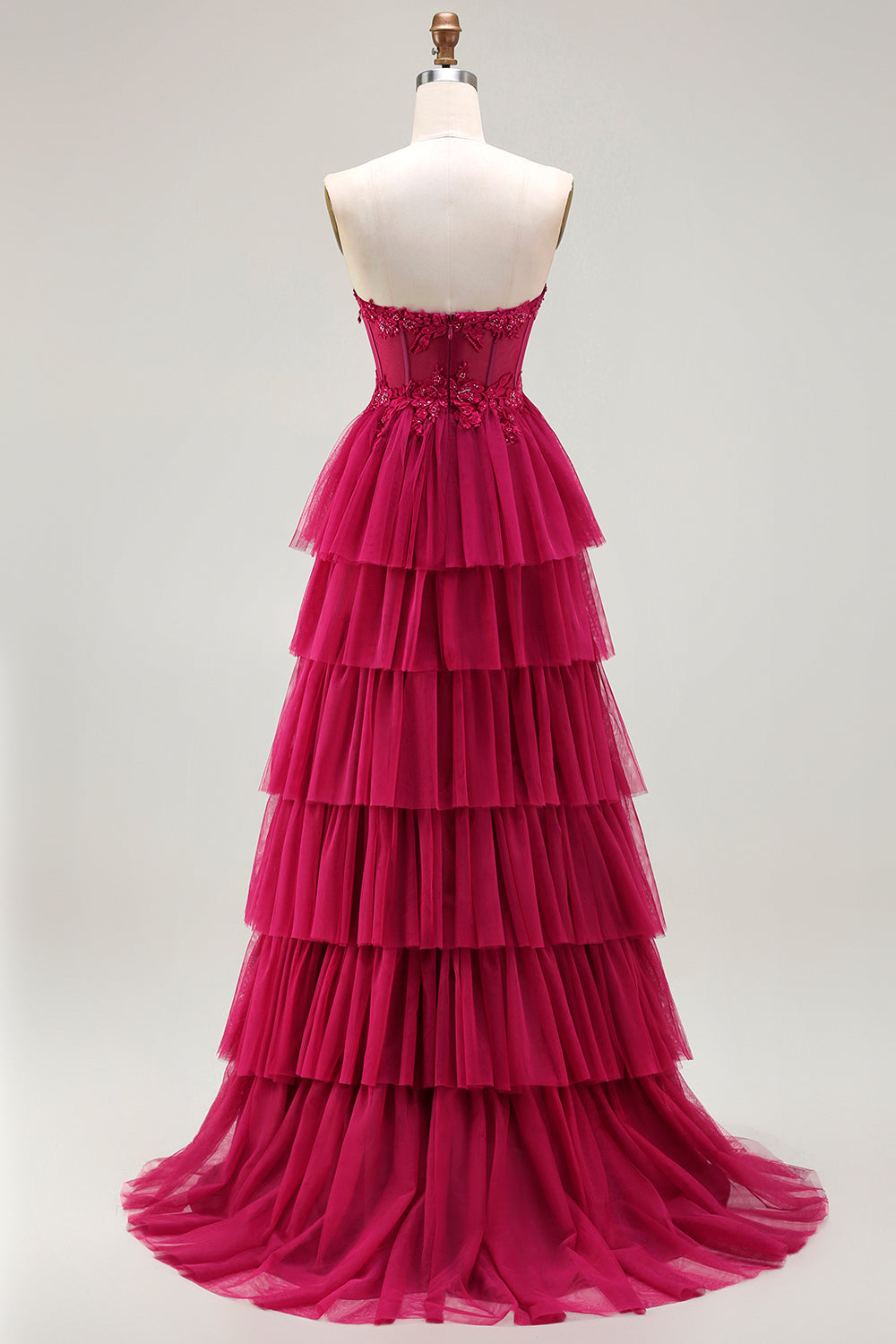 Sparkly Fuchsia Ball Gown Strapless Tiered Long Corset Prom Dress with Slit