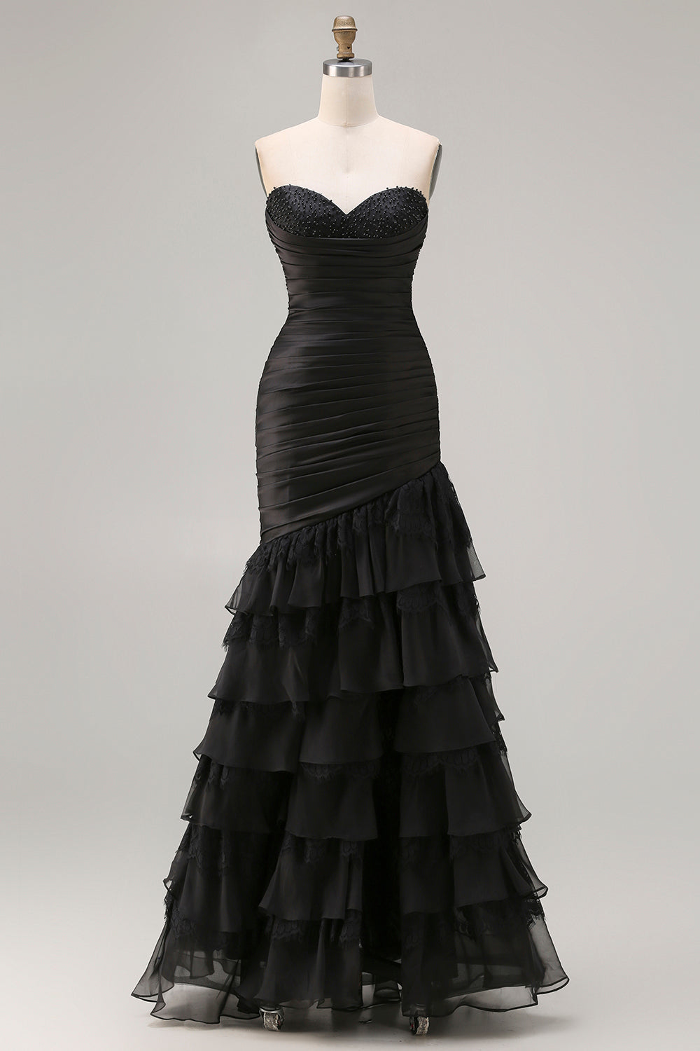 Black Mermaid Strapless Ruched Long Prom Dress with Beading