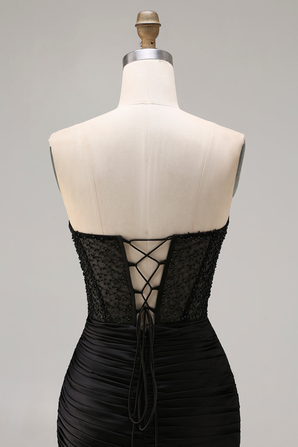 Black Mermaid Strapless Ruched Long Prom Dress with Beading