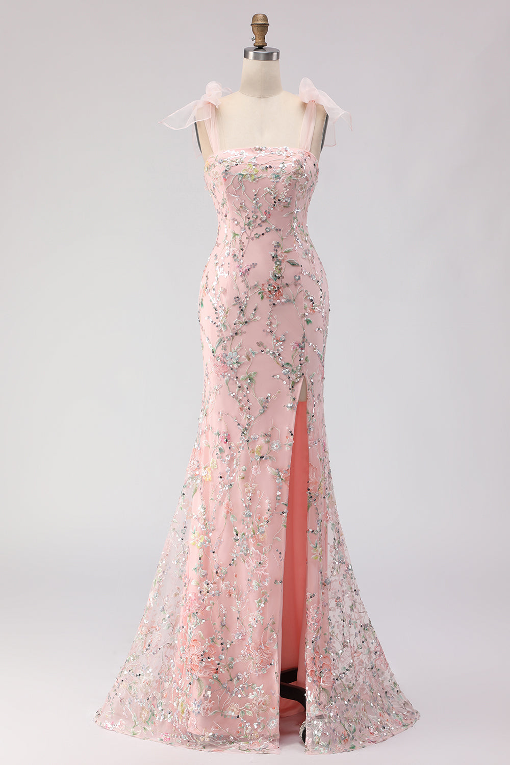 Floral Blush Mermaid Sequins Long Sparkly Prom Dress with Slit