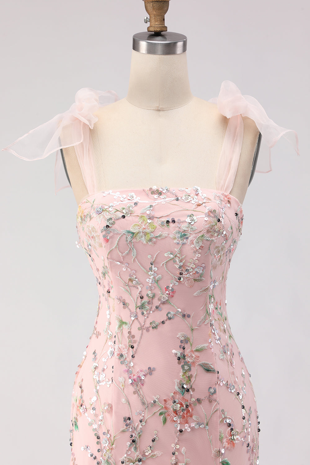 Floral Blush Mermaid Sequins Long Sparkly Prom Dress with Slit