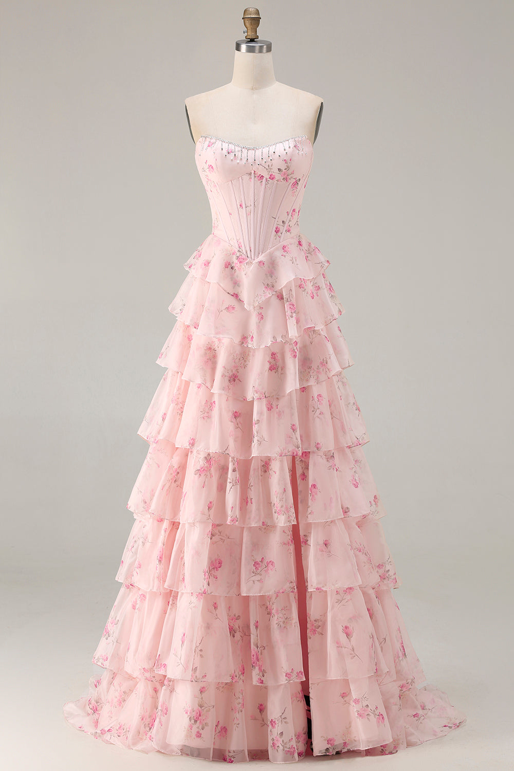 Floral Pink Corset Tiered Strapless Long Sparkly Prom Dress with Slit