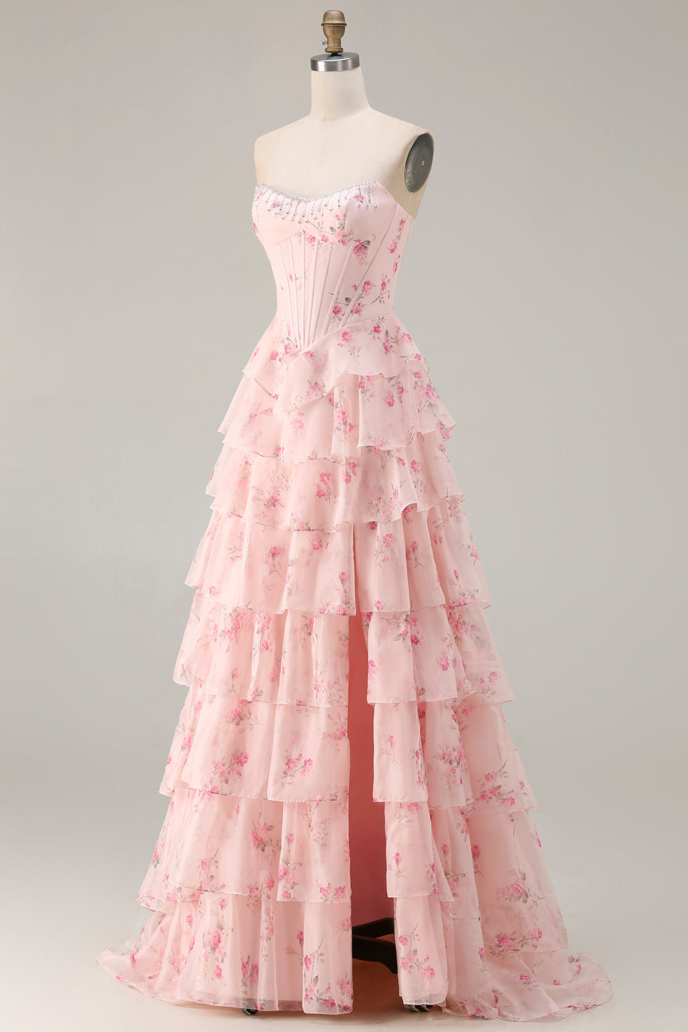 Floral Pink Corset Tiered Strapless Long Sparkly Prom Dress with Slit