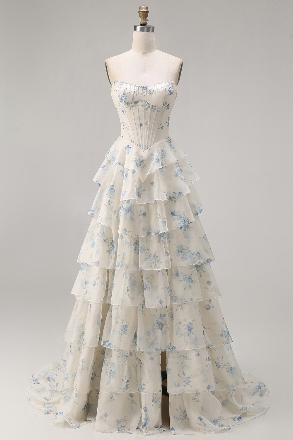 Floral Pink Corset Tiered Strapless Long Sparkly Prom Dress with Slit