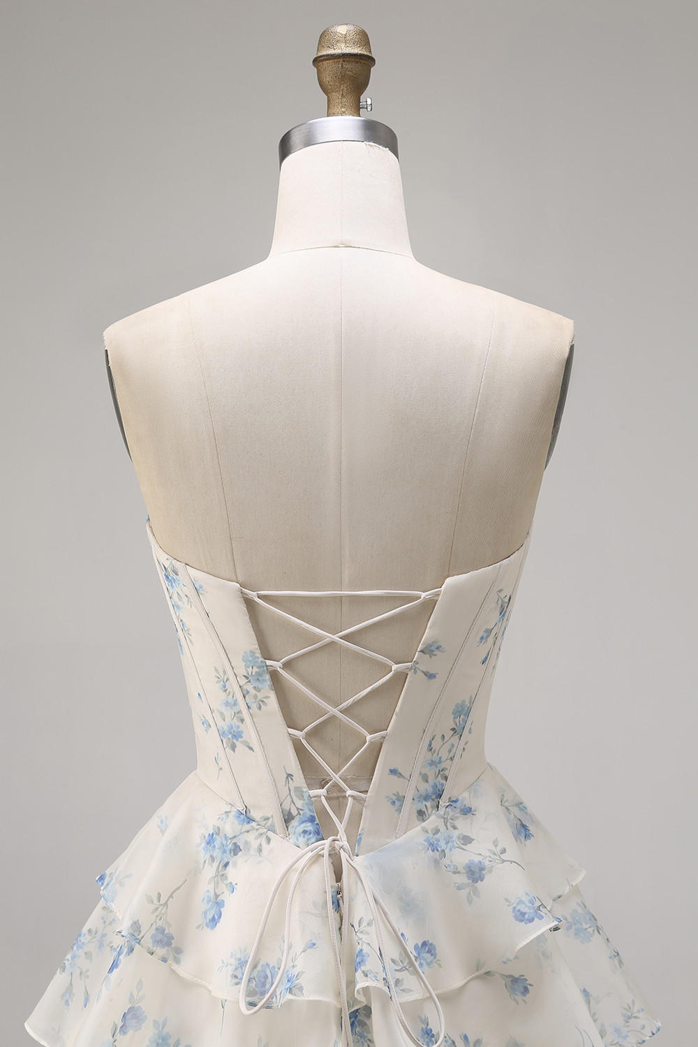 Floral Pink Corset Tiered Strapless Long Sparkly Prom Dress with Slit