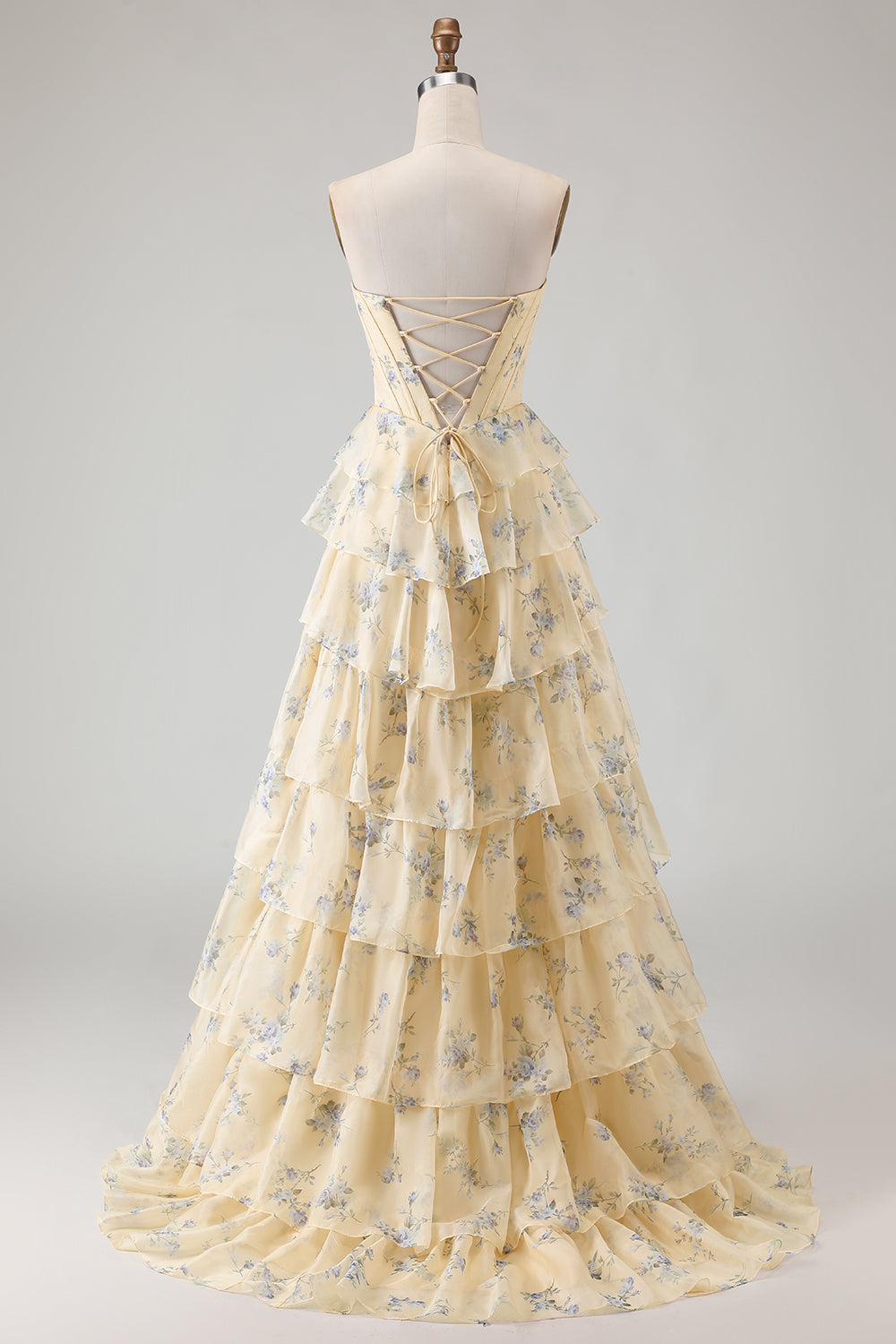 Floral Yellow and Blue A Line Tiered Long Corset Prom Dress with Slit