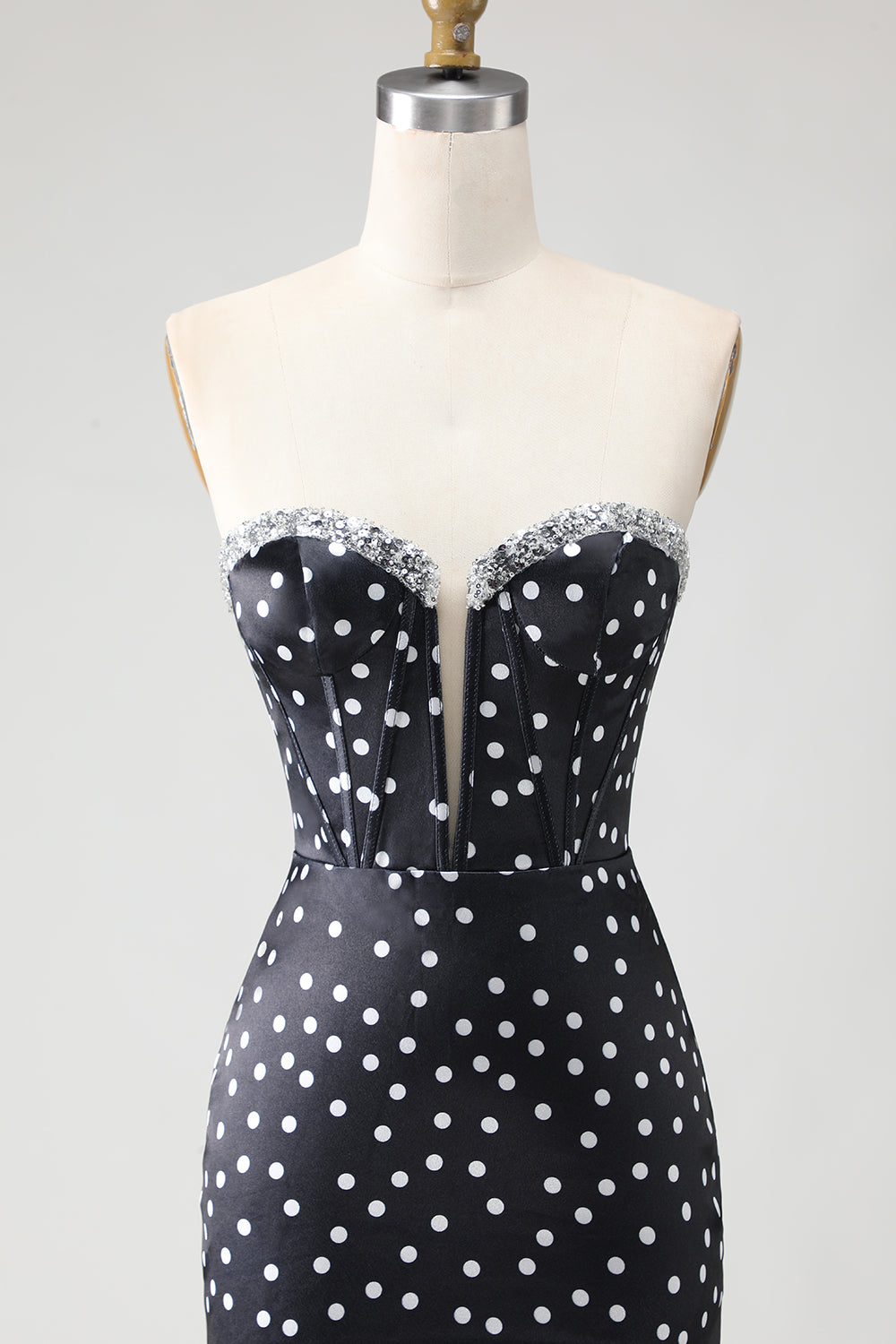 Black and White Ploka Dots Strapless Mermaid Long Corset Prom Dress