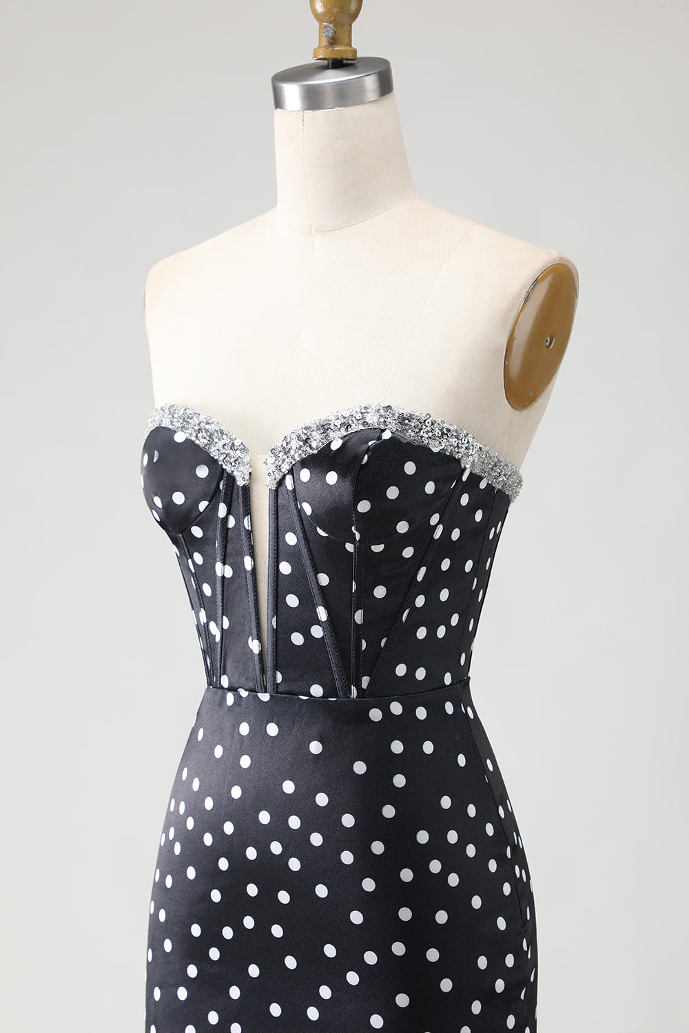 Black and White Ploka Dots Strapless Mermaid Long Corset Prom Dress