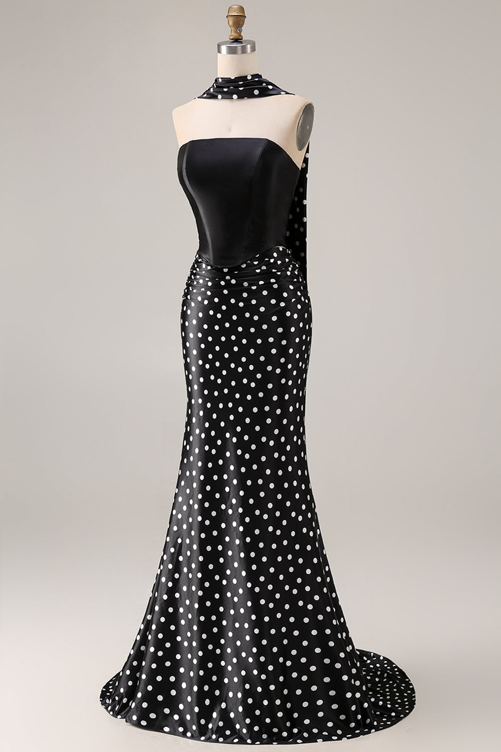 Elegant Black and White Neck Scarf Polka Dots Long Mermaid Prom Dress