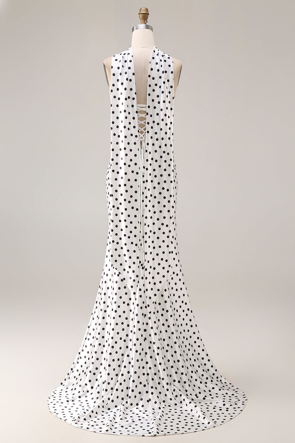 Elegant Black and White Neck Scarf Polka Dots Long Mermaid Prom Dress