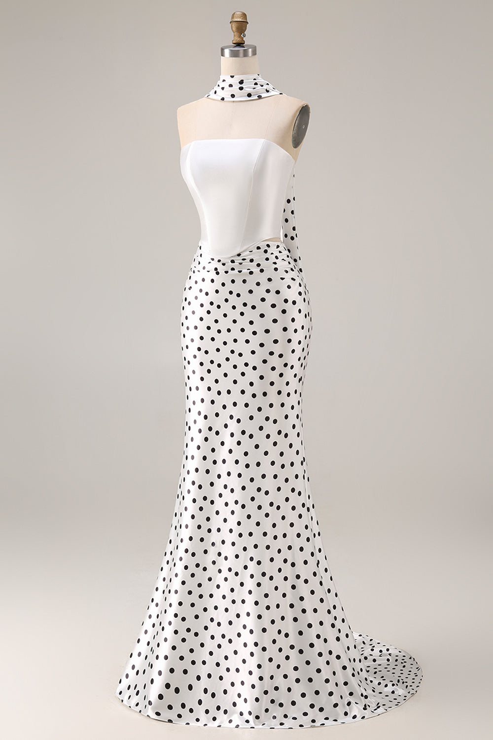 Elegant Black and White Neck Scarf Polka Dots Long Mermaid Prom Dress