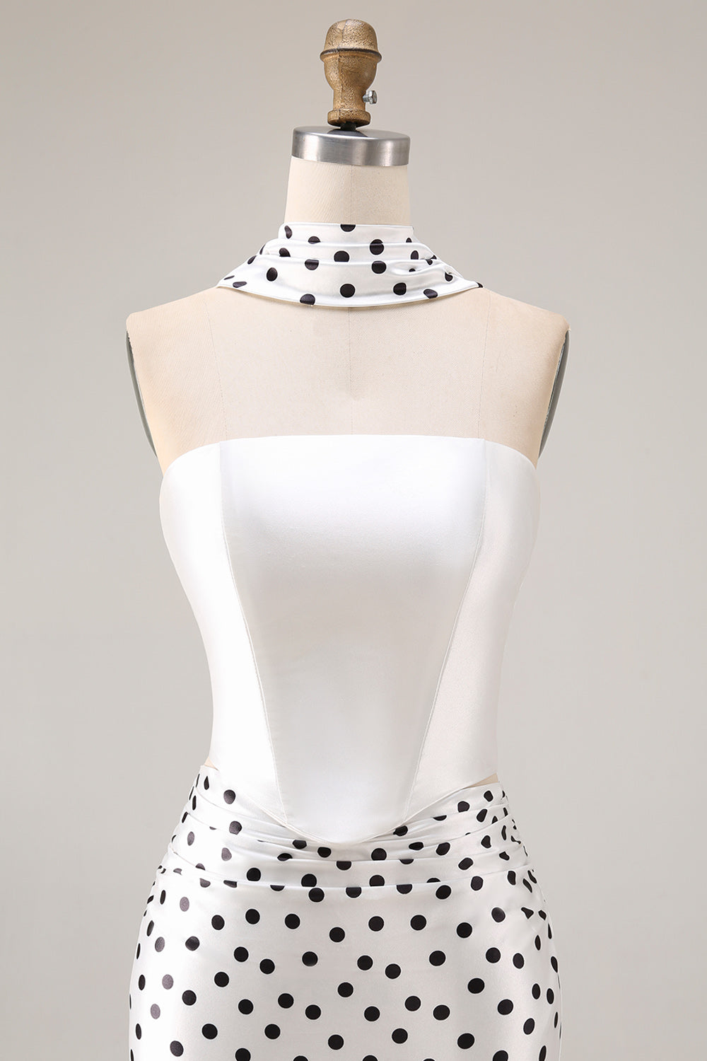 Elegant Black and White Neck Scarf Polka Dots Long Mermaid Prom Dress