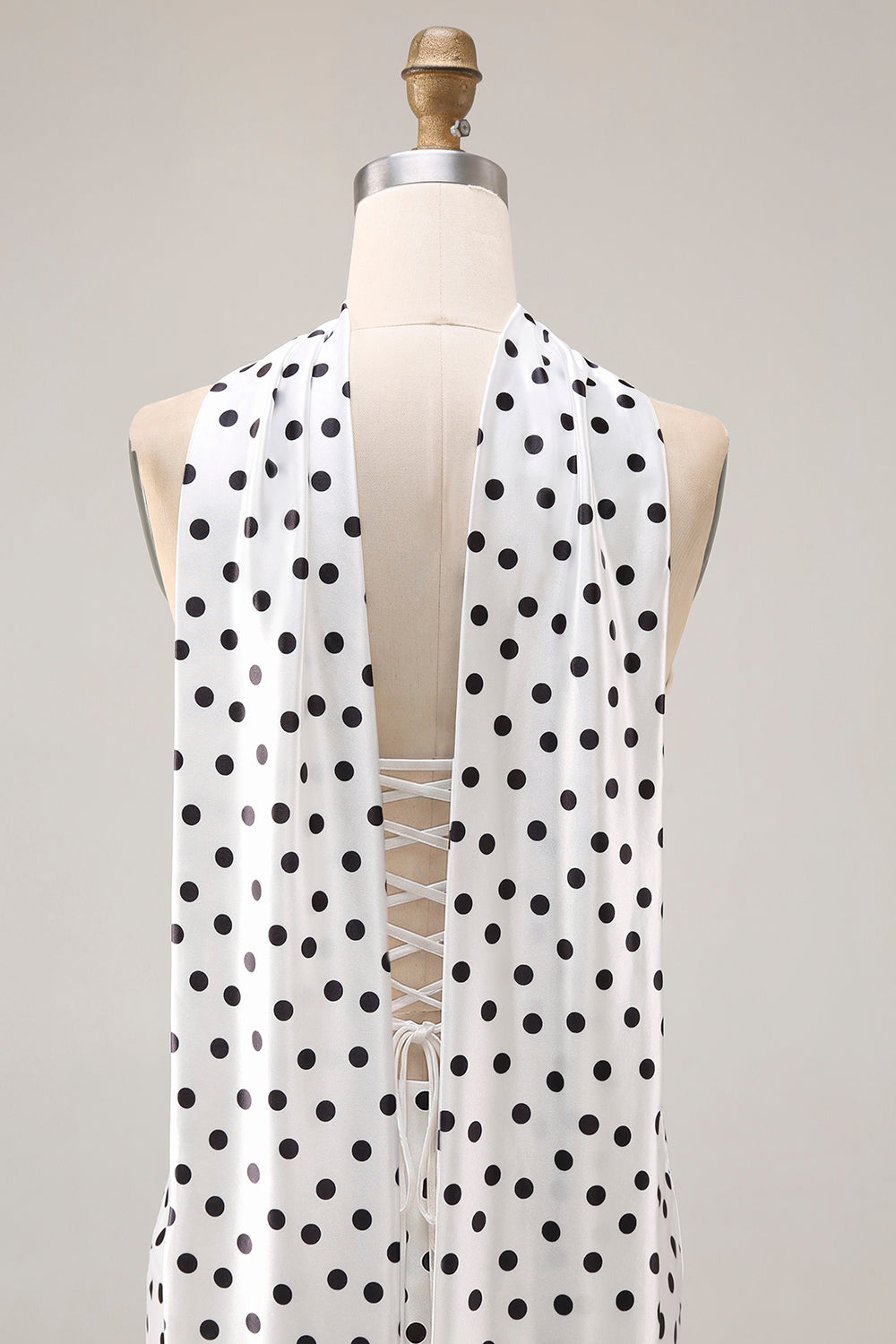 Black and White Polka Dots Mermaid Neck Scarf Long Satin Prom Dress
