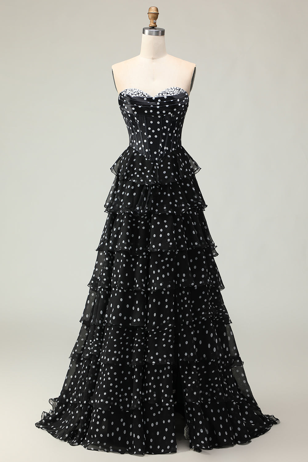 Sparkly Black and White Polka Dots Tiered Sweetheart Long Corset Prom Dress