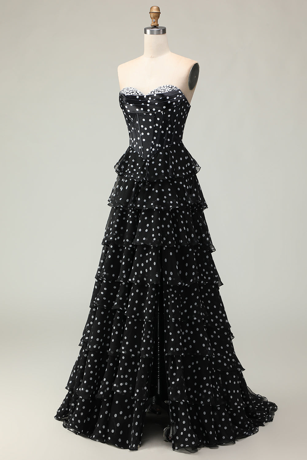 Sparkly Black and White Polka Dots Tiered Sweetheart Long Corset Prom Dress