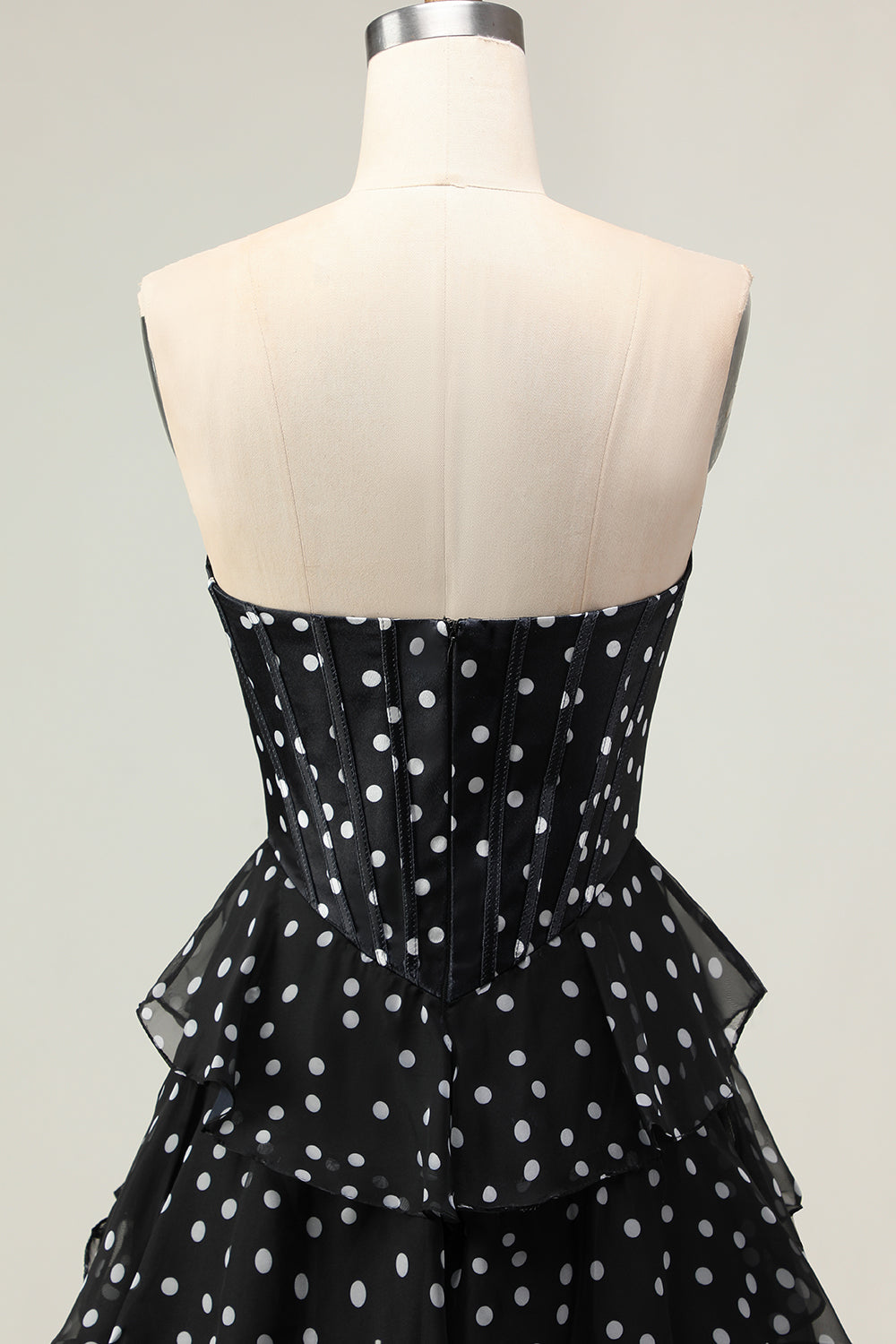Sparkly Black and White Polka Dots Tiered Sweetheart Long Corset Prom Dress