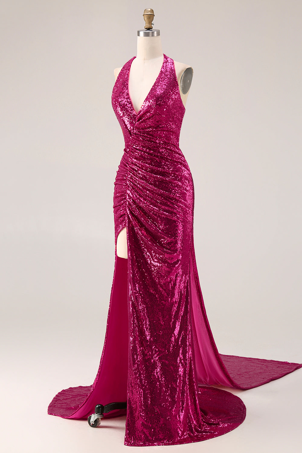 Sparkly Fuchsia Mermaid Sequin Side Cape Long Halter Prom Dress with Slit