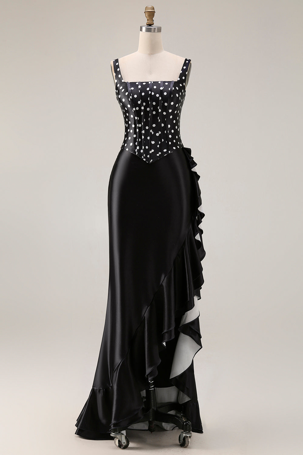 Elegant Black and White Polka Dots Mermaid Long Corset Prom Dress with Ruffles