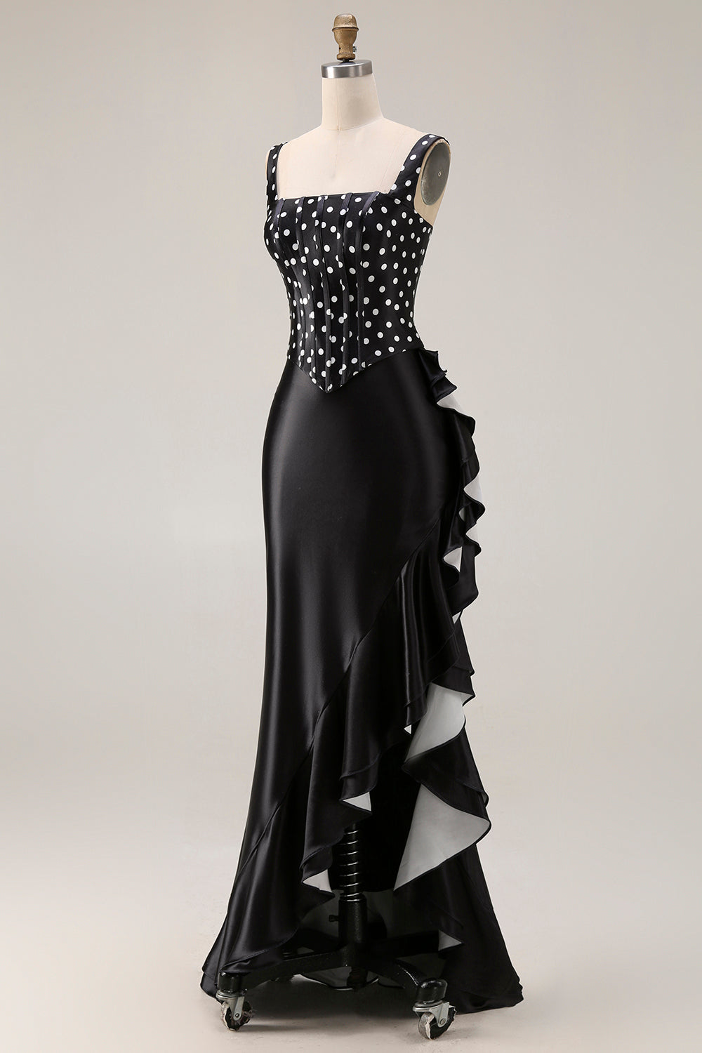 Elegant Black and White Polka Dots Mermaid Long Corset Prom Dress with Ruffles