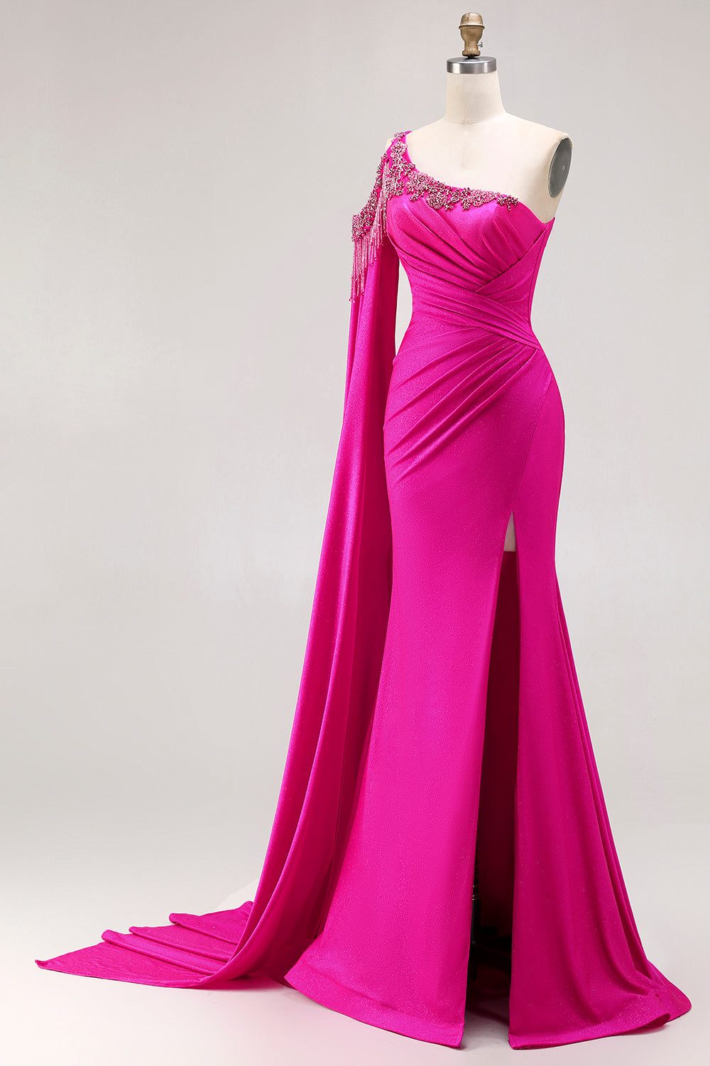 Sparkly Fuchsia Mermaid Ruched Beaded Long Satin Prom Dress with Cape
