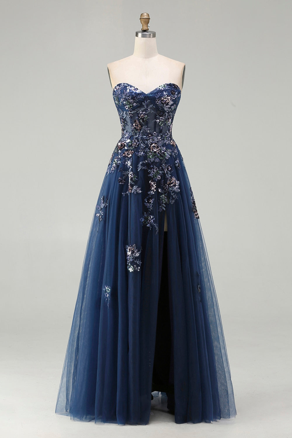 Floral Navy A-Line Tulle Corset Long Sparkly Prom Dress