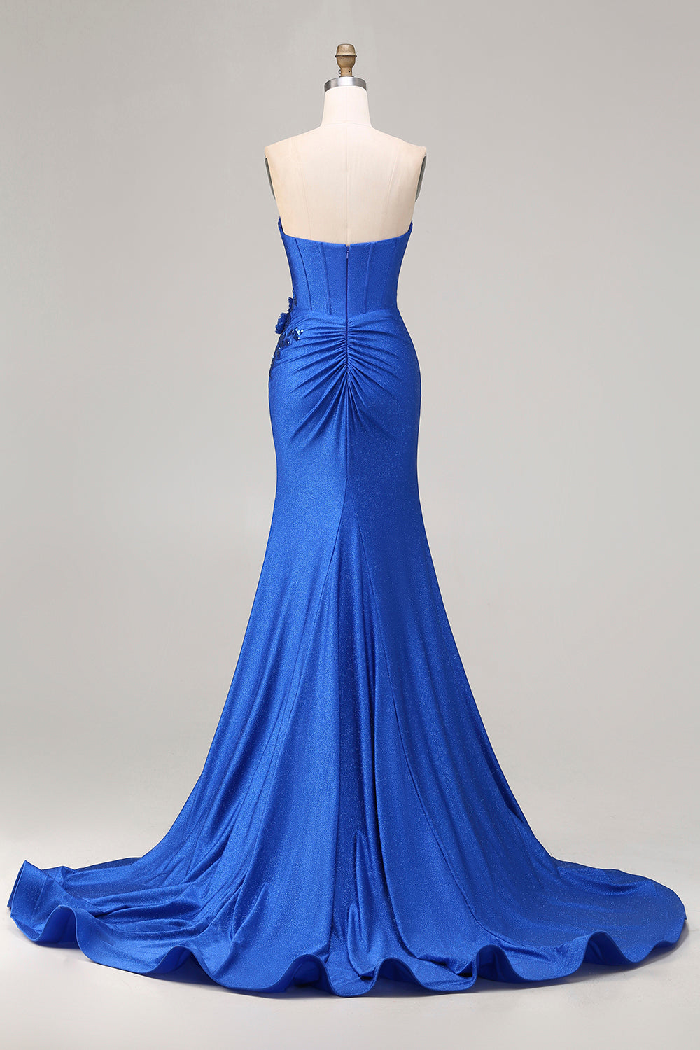 Sparkly Royal Blue Corset Satin Long Mermaid Prom Dress with Appliques