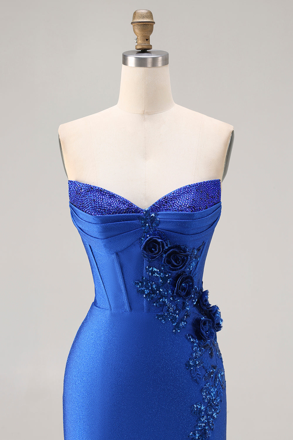 Sparkly Royal Blue Corset Satin Long Mermaid Prom Dress with Appliques