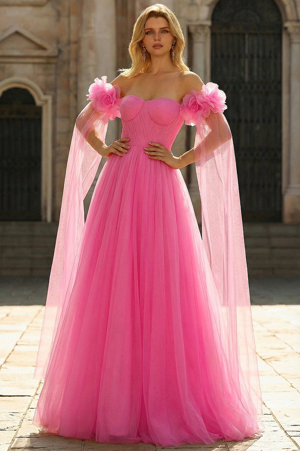 Hot Pink A-Line Off the Shoulder Tulle Long Prom Dress