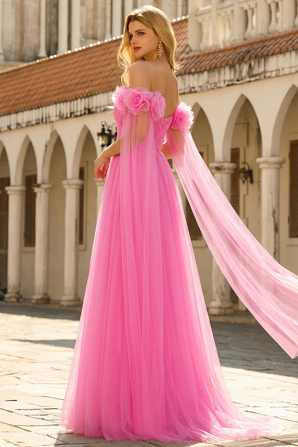 Hot Pink A-Line Off the Shoulder Tulle Long Prom Dress