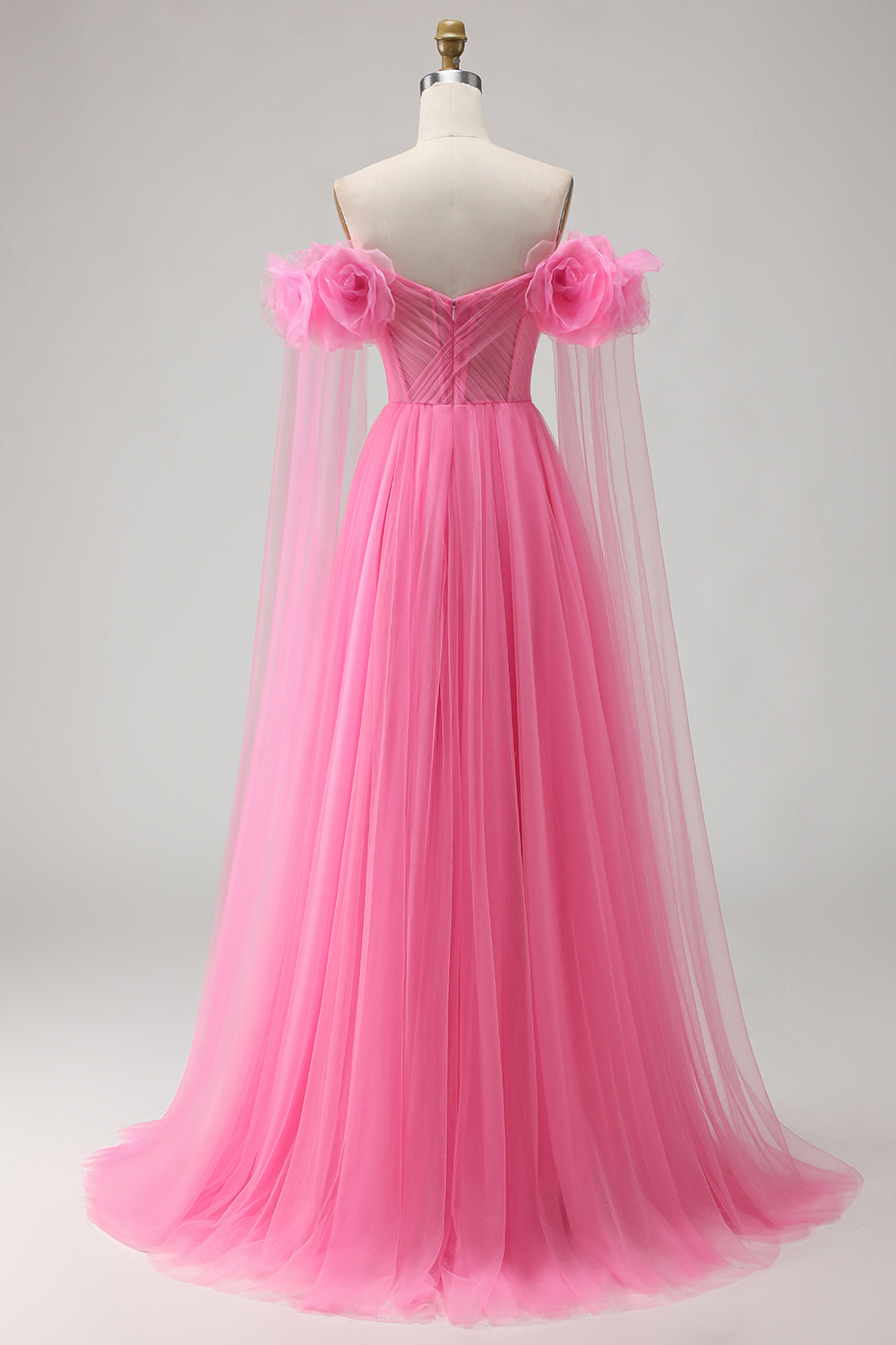 Hot Pink A-Line Off the Shoulder Tulle Long Prom Dress