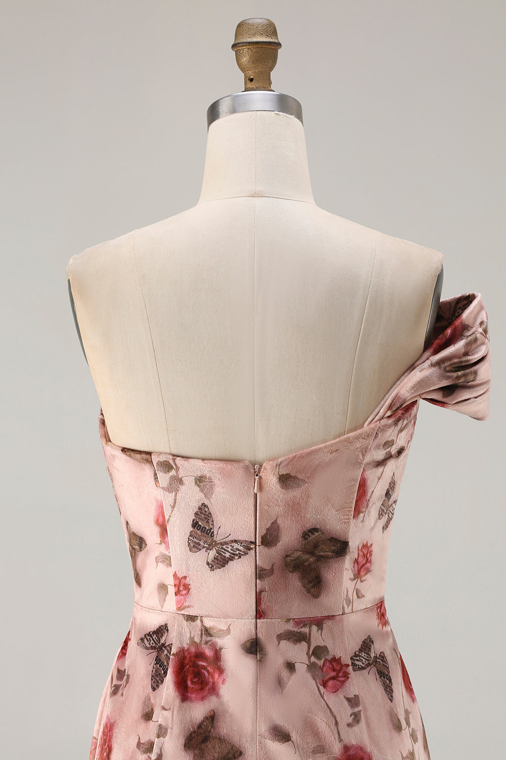 Floral Blush Mermaid One Shoulder Ruched Long Prom Dress with Slit